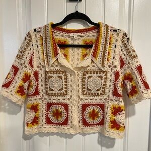 Miroh Crocheted Granny Square Cropped Short Sleeve Sweater Cardigan. Medium.